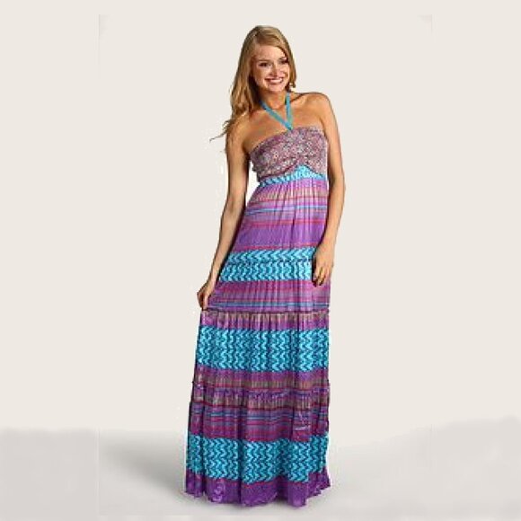 HALE BOB Alira Silk Maxi Halter Dress Purple Turquoise Moroccan Tile Print Sz L